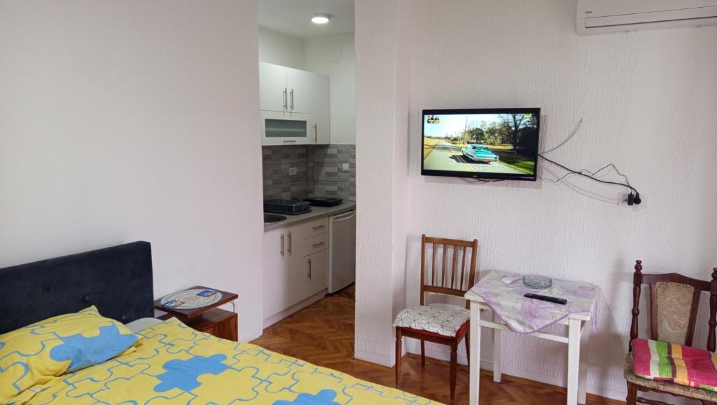 a room with a bed and a tv on a wall at Apartmani Lucky in Vrnjačka Banja