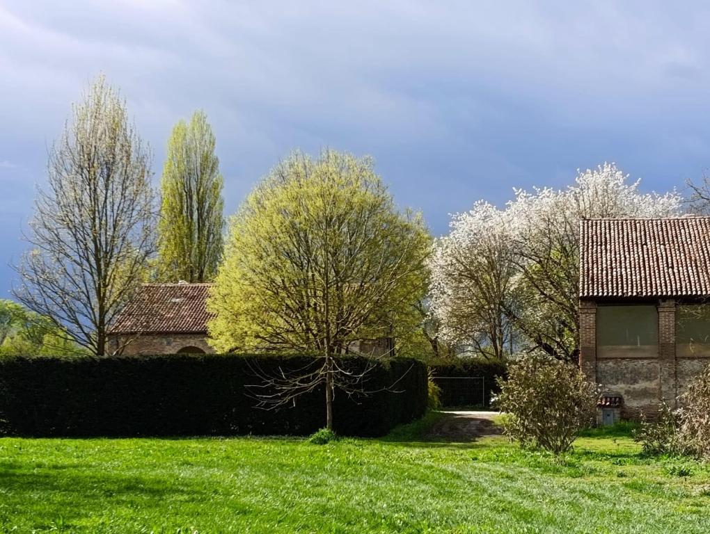 a yard with a house and trees in the background at Podere Misericordia in Ferrara