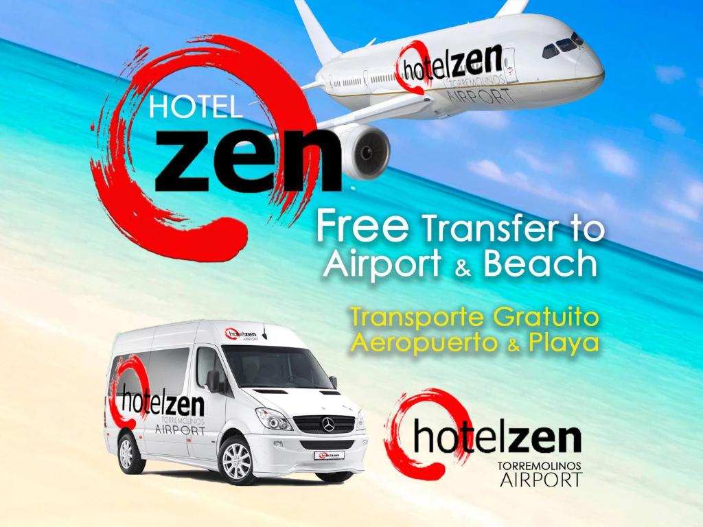 an advertisement for a hotel zen transfer to airport and beach at Hotel Zen Airport in Torremolinos