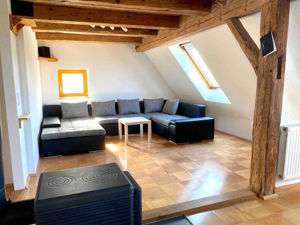 a living room with a couch and a table at Gemütliche Landhauswohnung in Bad Saulgau