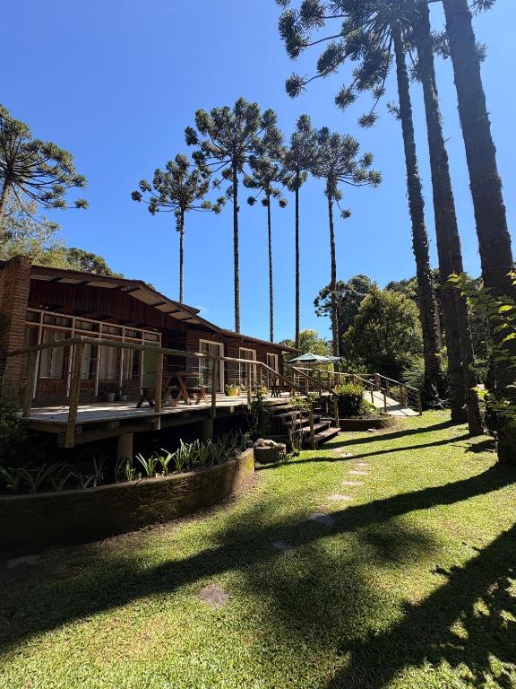 a house with palm trees in front of a yard at Recanto Bellagio in Campos do Jordão