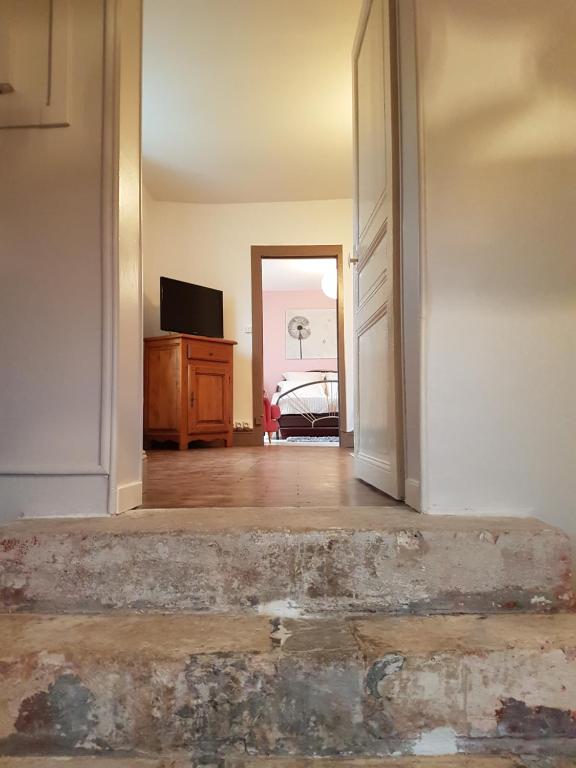 una puerta abierta a una habitación con TV y un dormitorio en La Grive d'Arce en Merrey-sur-Arce
