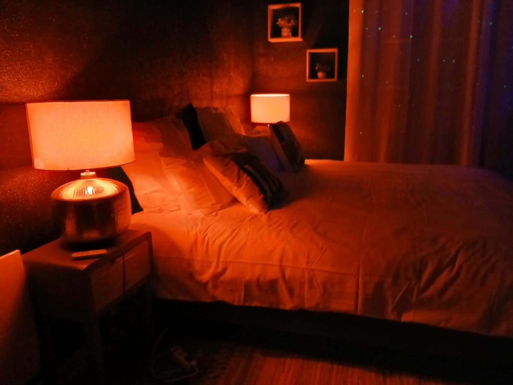 a bedroom with a bed with two lamps on it at la penombre spa in Abbeville