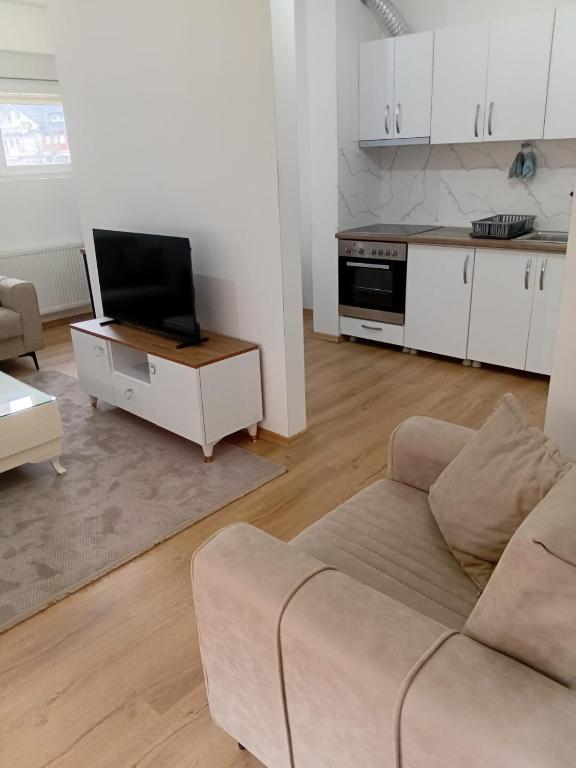 a living room with a couch and a tv at Pristhine Stay Inn 19 in Prishtinë