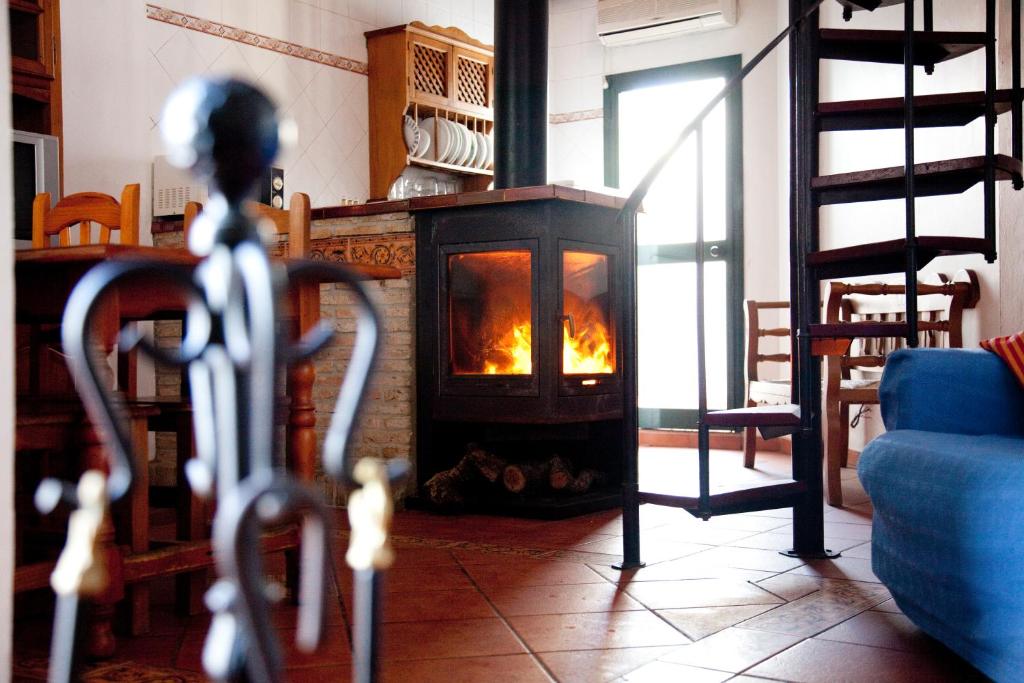 a fireplace in a living room with a fire at Caserio De Vazquez 1 in Castilblanco de los Arroyos