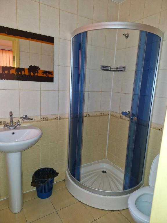 a bathroom with a shower with a sink and a toilet at Бар-Пляж in Bassalychevka
