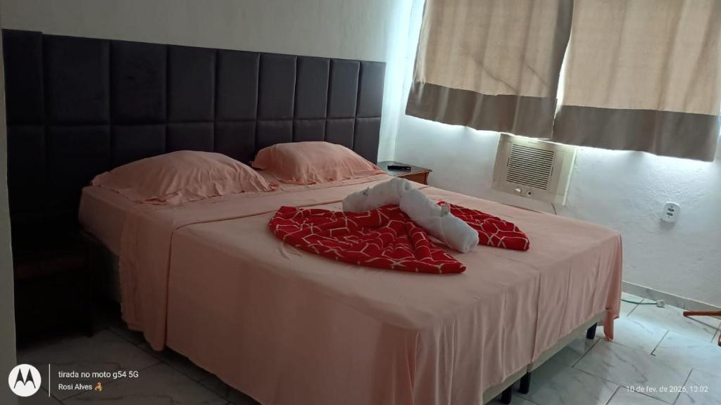 a bed with two red pillows and a headboard at Pousada Rose Alves in Cachoeiras de Macacu