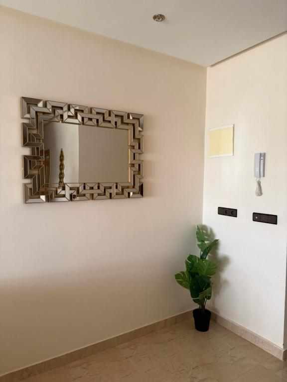 a mirror on a wall in a room with a plant at Modern Apartment Driouch 1 in Driouch