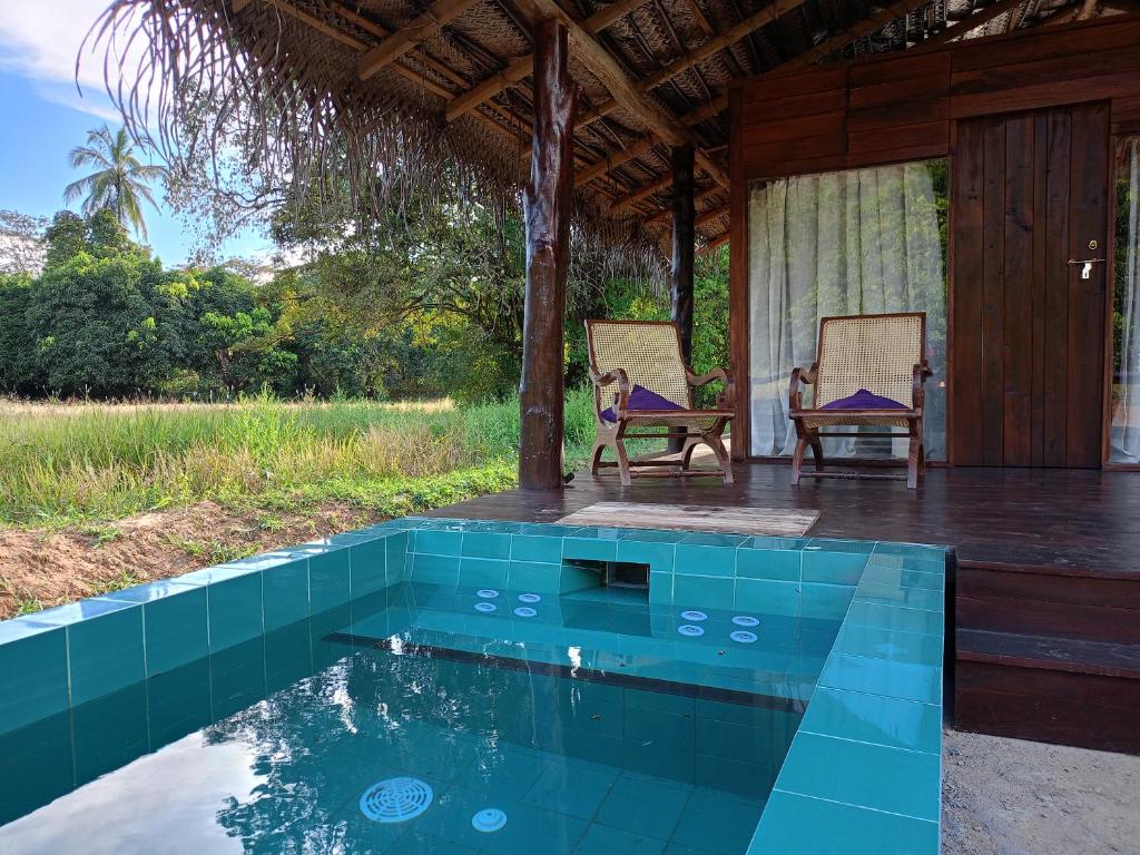 a house with a swimming pool and two chairs at Raintree Haven in Dambulla