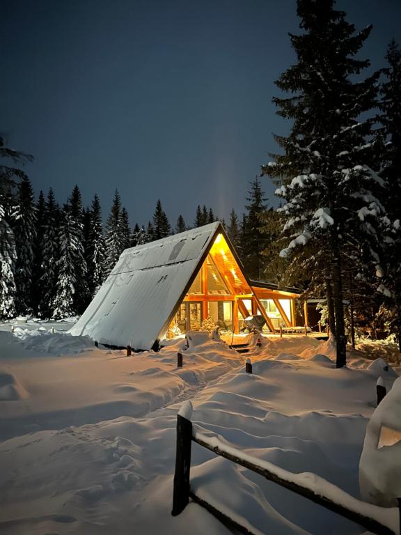 Eine Hütte im Schnee mit einem beleuchteten Dach in der Unterkunft Arenis in Muntele Băişorii