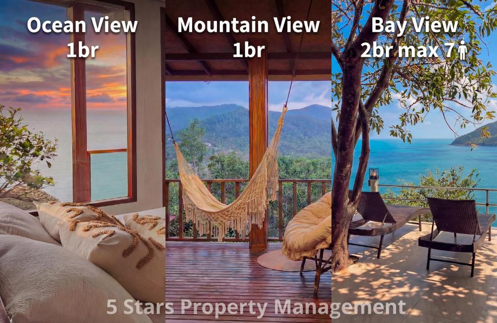 a room with a hammock and a view of the ocean at Epic Views Cabins - Ocean or Mountains, your choice in Ko Phangan