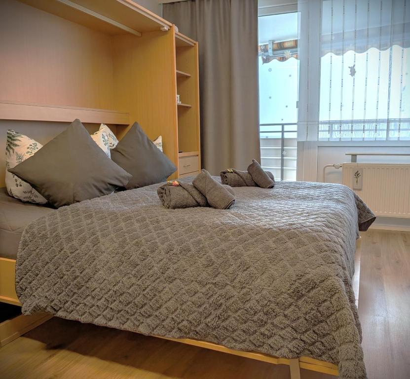a large bed with pillows on it in a bedroom at Sylva Apartment in Sankt Englmar