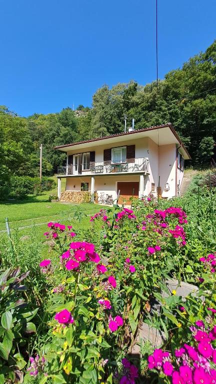 a house with pink flowers in front of it at Nanus Sommerfrische in Hardegg