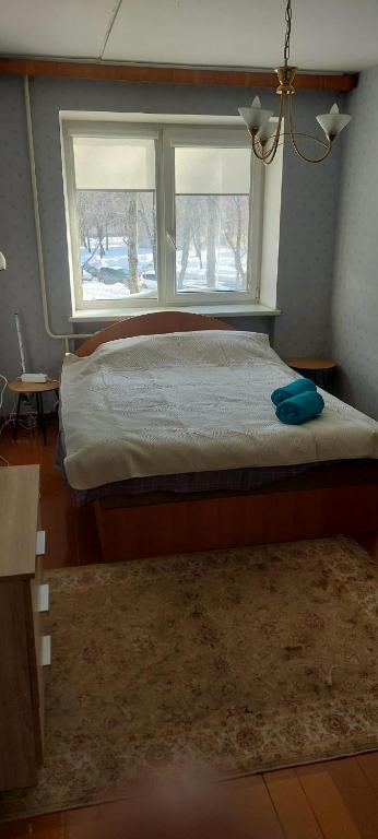 ein Schlafzimmer mit einem Bett, einem Fenster und einem Teppich in der Unterkunft Flat 2 rooms in Panevėžys