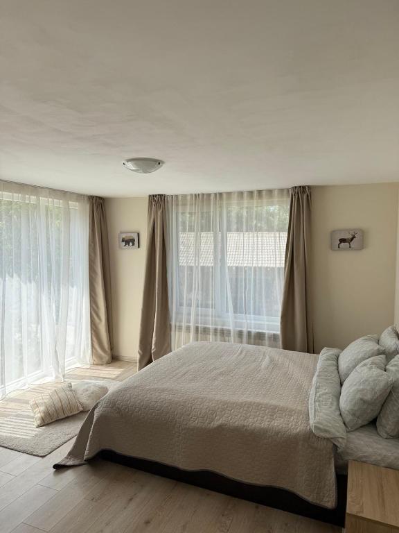 a bedroom with a bed and a large window at The Walnut Nest in Sapareva Banya