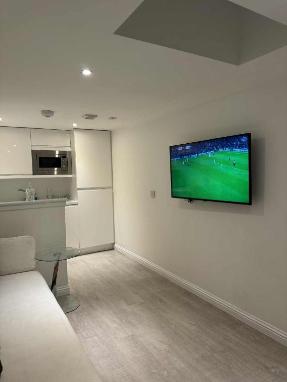 a living room with a couch and a television on a wall at Executive Annex - Dunfermline in Dunfermline