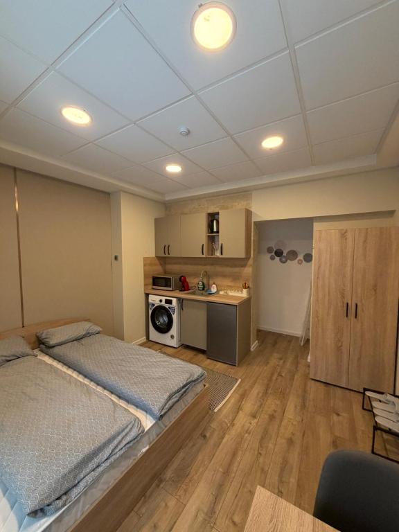 a bedroom with a large bed and a kitchen at Nõma studio in Varna City