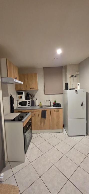 a kitchen with a white refrigerator and wooden cabinets at Studio 33 m2 a saint Michel de Maurienne in Saint-Michel-de-Maurienne
