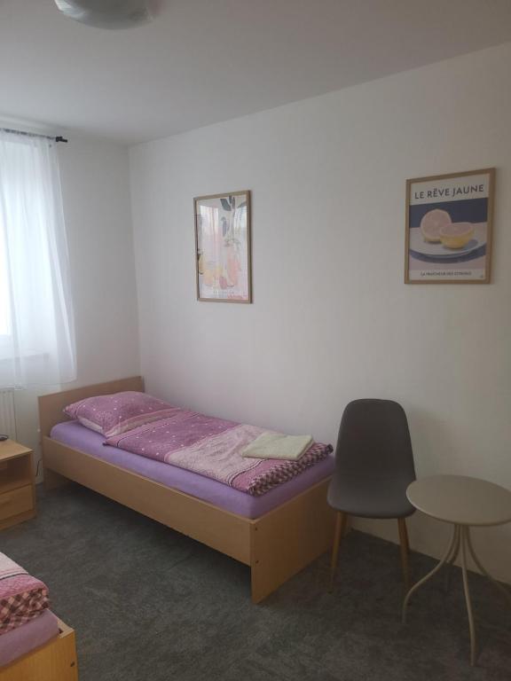 a bedroom with a bed and a chair and a table at Komárov Apartment 2 in Komárov
