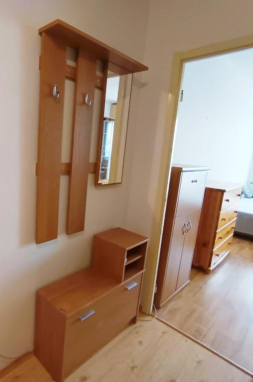 a room with a mirror and some drawers at Garzónka Trenčín in Trenčín