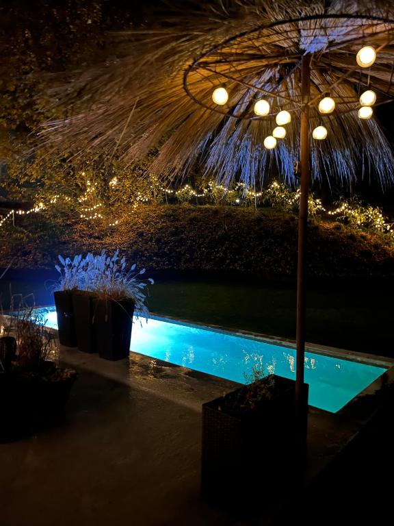 an umbrella and some plants and a pool at night at Winding B&B Silkeborg in Silkeborg