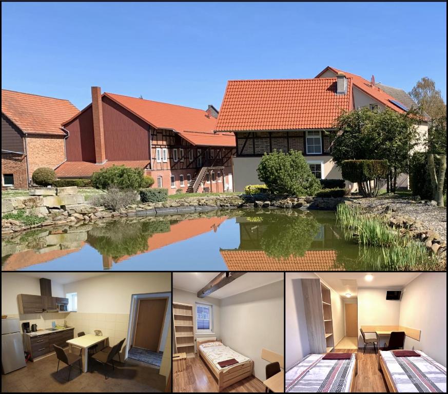 two pictures of a house with a pond at Pension Am Pilgerbach in Baunatal