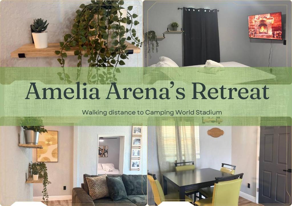 a collage of images of a living room with a table at Amelia’s Arena Retreat in Orlando