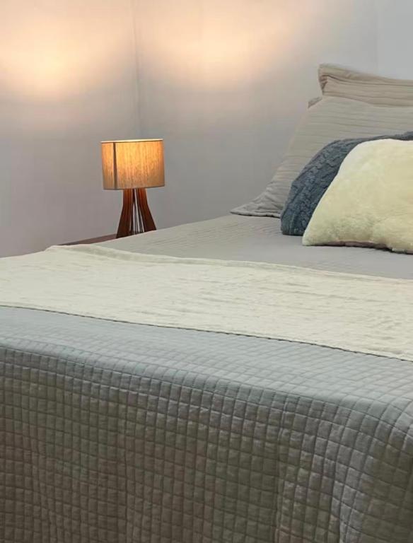 a bedroom with a bed with a lamp on it at Estadia central bh in Belo Horizonte