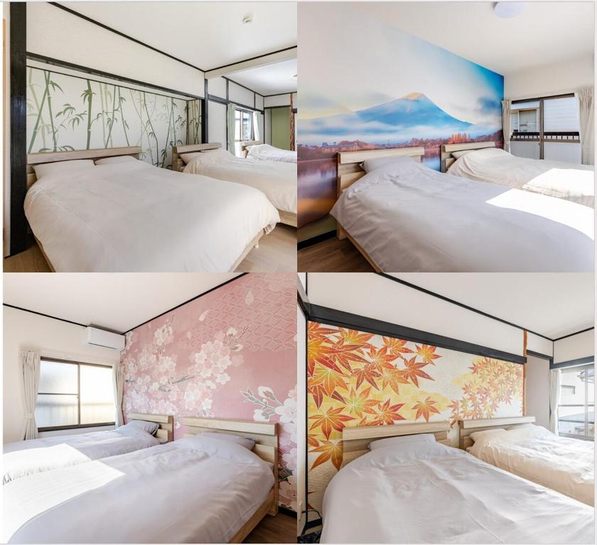 four different views of a bedroom with two beds at トキテラス五条 in Dazaifu