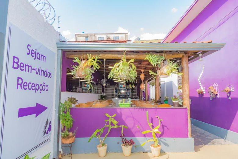 a flower shop with potted plants in the window at Pousada ExpoBH in Belo Horizonte