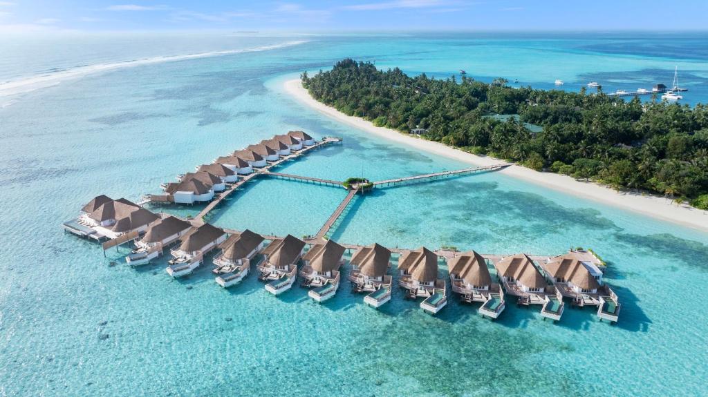an aerial view of a resort in the ocean at Six Senses Kanuhura in Lhaviyani Atoll