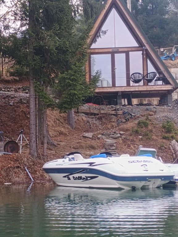 a boat sitting on the water in front of a house at Colibița A-frame in Colibiţa