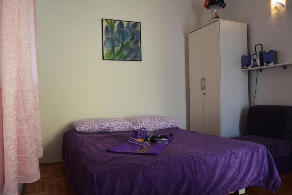 um quarto com uma cama roxa com um cobertor roxo em Apartment Vesna em Ravni