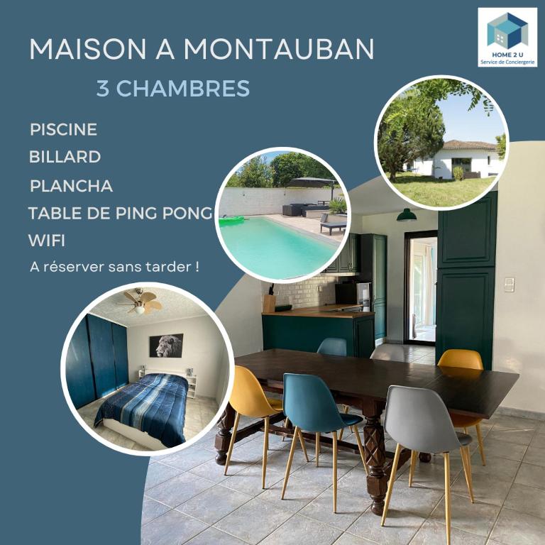 a collage of photos of a dining room with a table and chairs at La Maison des Hirondelles, piscine, billard, ping pong, 3 terrasses et jardin in Montauban