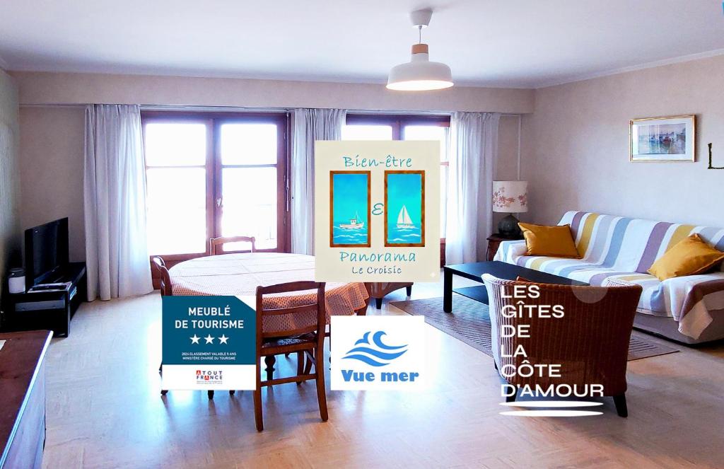 a living room with a couch and a table and chairs at Bien-être & Panorama - Les Gîtes de la Côte d'Amour in Le Croisic