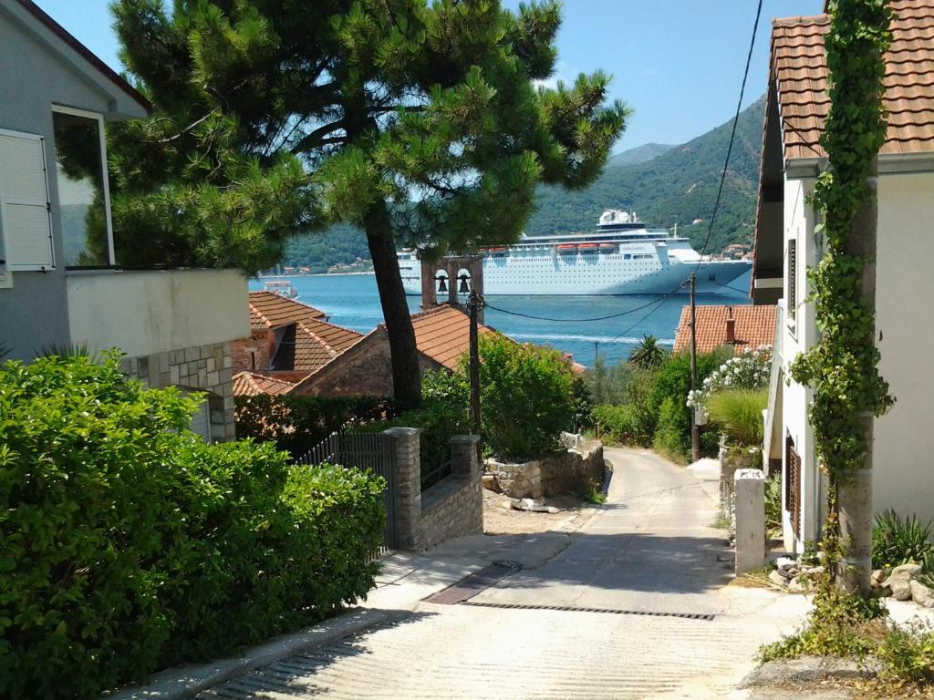 a cruise ship in the water with a house at Apartman Irena in Tivat