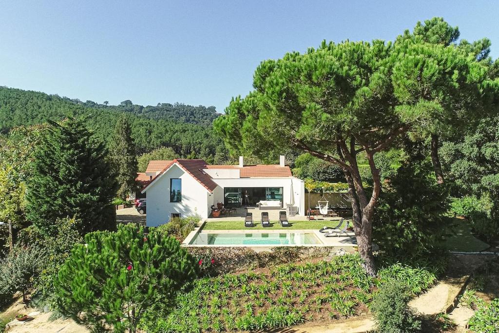 an aerial view of a house with a swimming pool at Villa Santamaria in Colares
