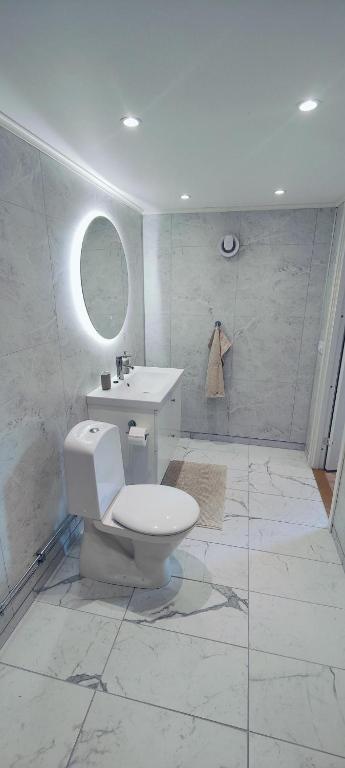 a white bathroom with a toilet and a sink at Snäckstrand Guesthouse in Färjestaden