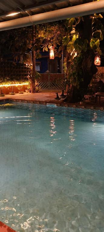 a large swimming pool with blue water and lights at Bonsaiyog in Chapora