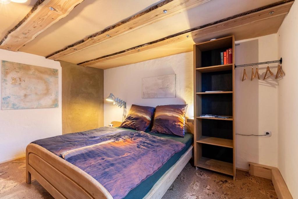 a bedroom with a bed and a book shelf at Das Juwel in Erbach