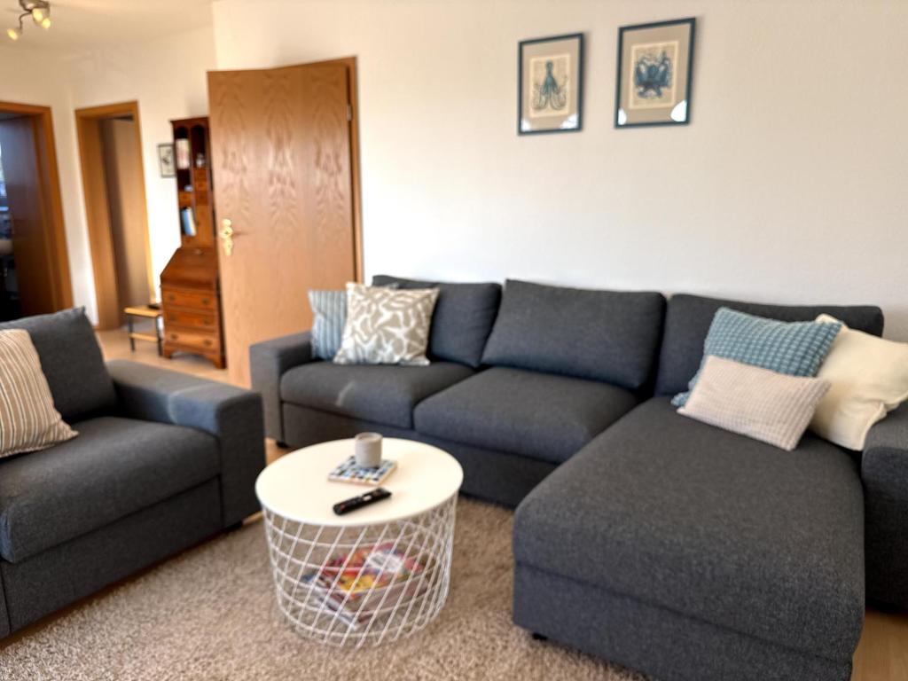 a living room with two couches and a coffee table at Seewiefken 2 Dümmerblick in Lembruch