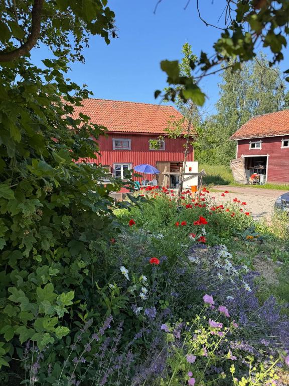 een tuin met bloemen voor een rood gebouw bij Muntergården i Nusnäs in Nusnäs