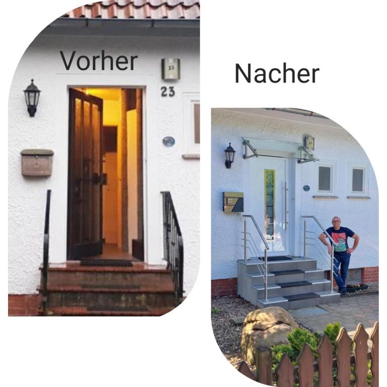 a man standing on the stairs of a house with a dog at Ferienwohnung Haske mit Wallbox in Gifhorn
