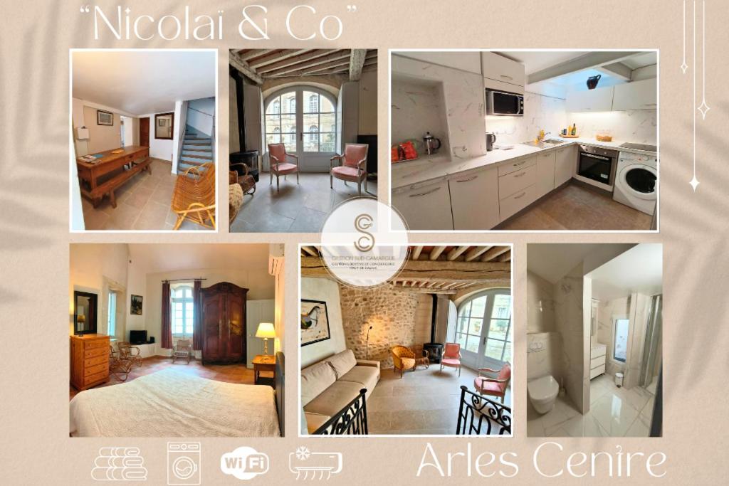 a collage of pictures of a kitchen and a living room at Nicolaï Arles centre in Arles