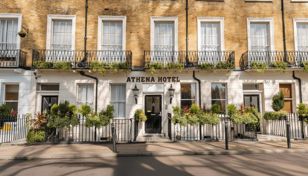 ein Gebäude mit einem Schild für das amerikanische Hotel in der Unterkunft Athena Hotel in London
