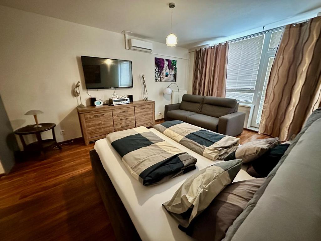a bedroom with two beds and a couch and a television at Unique main square apartment - AC - Balcony - Coffee Machine - Washer - Kitchen- Parking available Free public or Paid Private for 20 euro per stay Please read our emails in Poprad