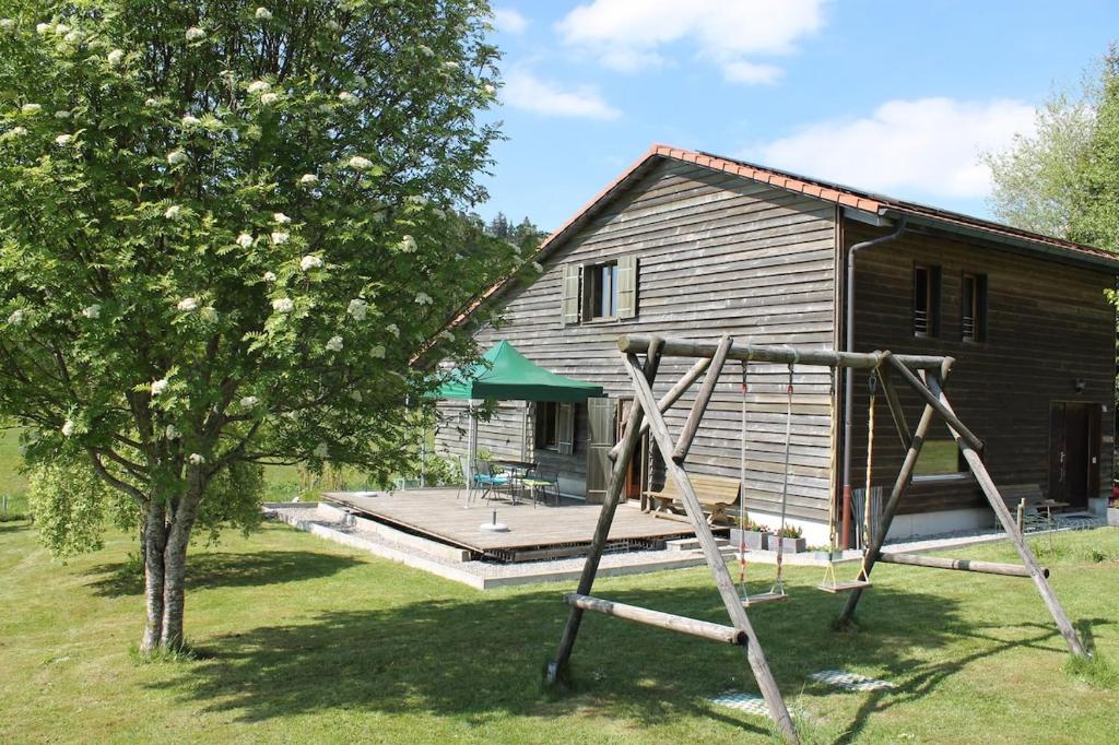 a log cabin with a swing and a house at Grand chalet en Gruyère in Sorens