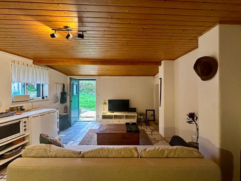 a living room with a couch and a wooden ceiling at A cozy cottage in Tomar in Tomar