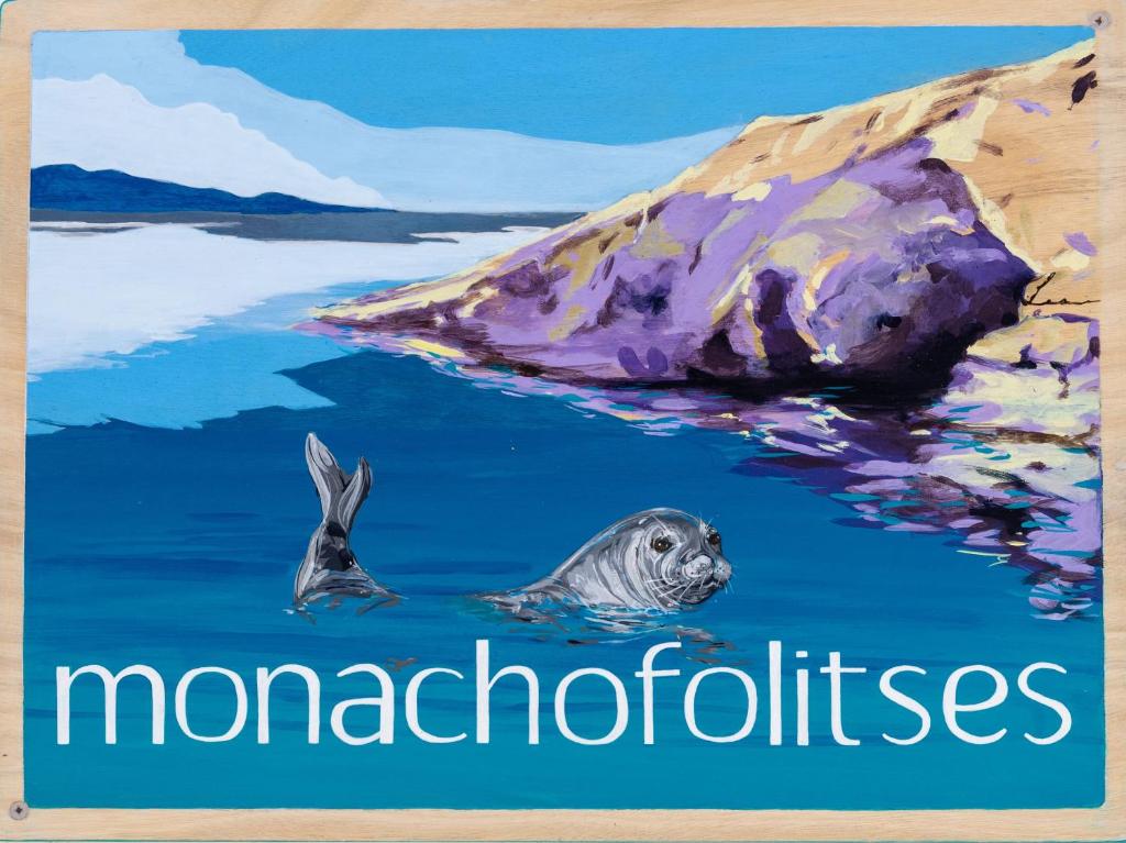 ein Poster mit einer Robbe und einem Delfin im Wasser in der Unterkunft Monachofolitses in Kimolos