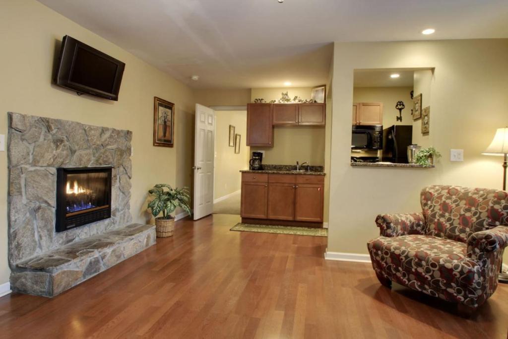 a living room with a couch and a fireplace at Bavarian Brook Condo 10 in Helen